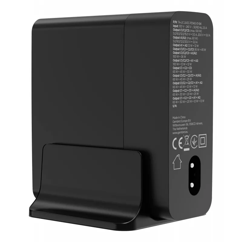 GEMBIRD TA-UC-2A3C-PD140-01-BK GaN 5-poorts USB-C & USB-A snellader, 140 W, zwart