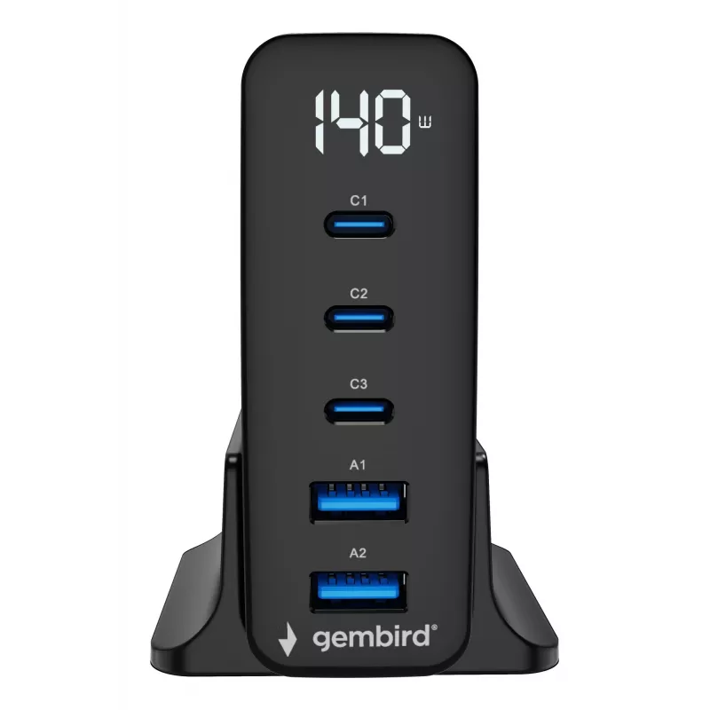 GEMBIRD TA-UC-2A3C-PD140-01-BK GaN 5-poorts USB-C & USB-A snellader, 140 W, zwart