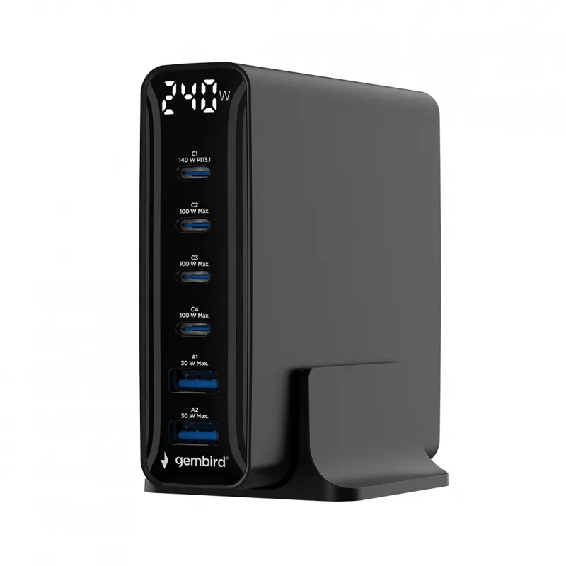 Gembird TA-UC-2A4C-PD240-01-BK 6-poorts USB-lader 240W GaN zwart