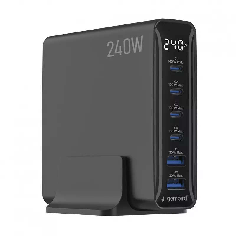Gembird TA-UC-2A4C-PD240-01-BK 6-poorts USB-lader 240W GaN zwart