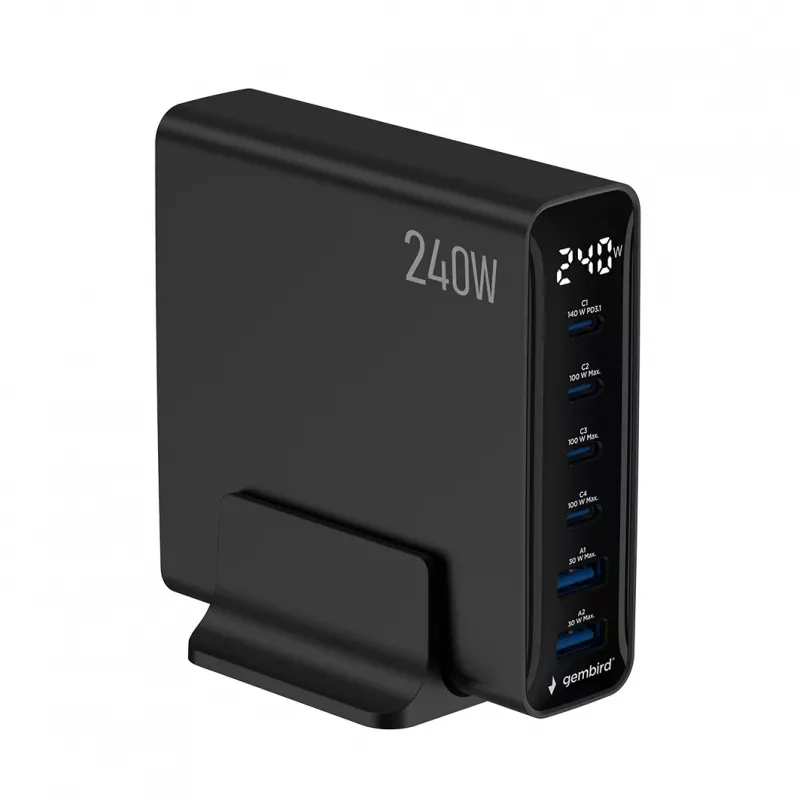 Gembird TA-UC-2A4C-PD240-01-BK 6-poorts USB-lader 240W GaN zwart