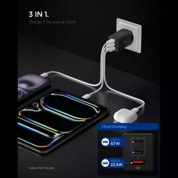Spigen Essential EE673EU 67W GaN 3-poorts USB-C/USB-A wandlader zwart