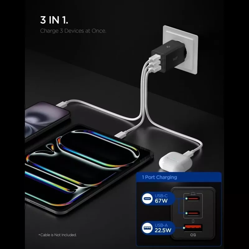 Spigen Essential EE673EU 67W GaN 3-poorts USB-C/USB-A wandlader zwart