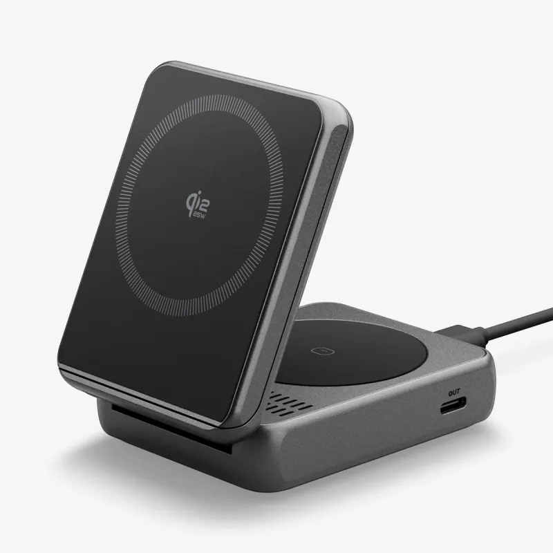 Spigen Essential Qi2 2-in-1 draadloze oplaadstandaard 25W MagSafe zwart
