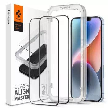 Spigen AlignMaster Glass Full Coverage screenprotector voor Apple iPhone 13/13 Pro/14/16E/17E zwart (2-pack)