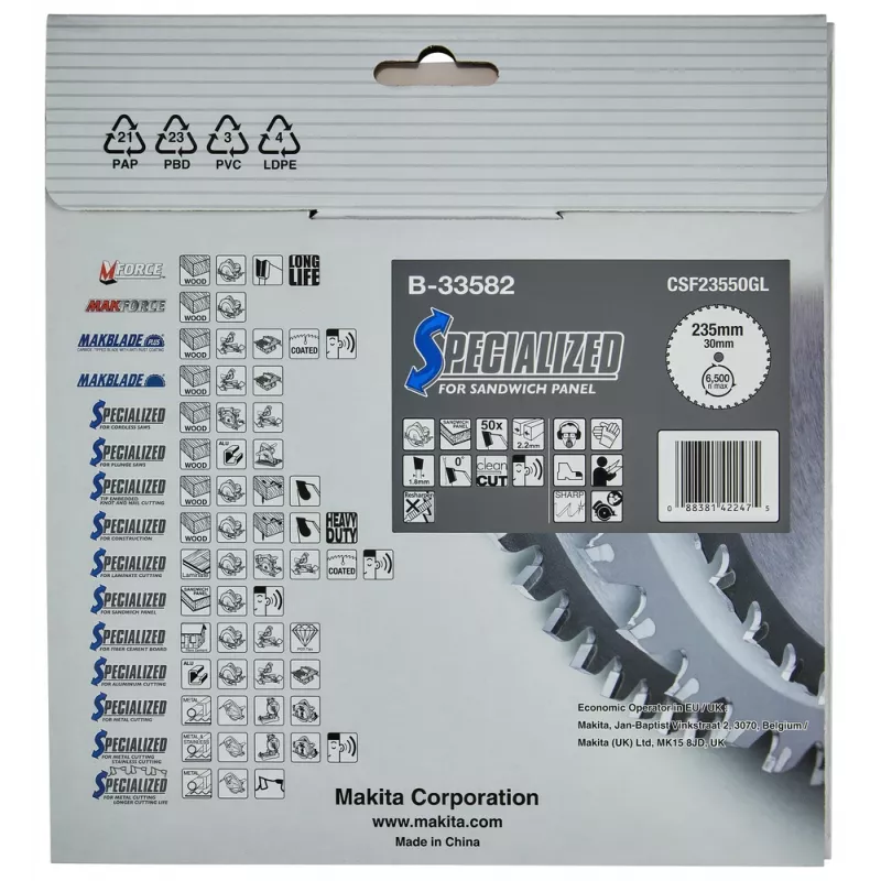 Makita Specialized B-33582 cirkelzaagblad voor sandwichpanelen, 235 x 30 mm, 50 Z
