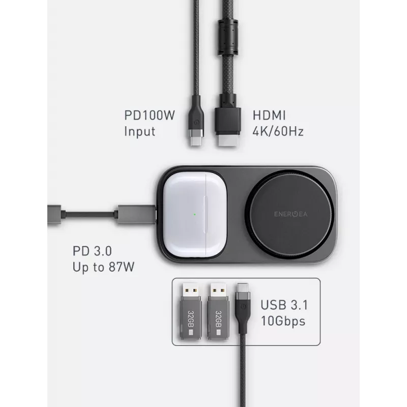 ENERGEA WiDock Plus 7-in-1 USB-C 3.1 dockingstation met Qi2 draadloos opladen, grafiet
