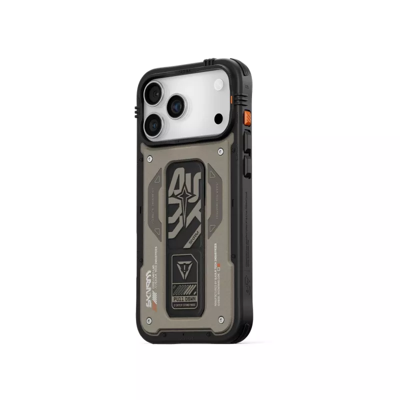 Skinarma Aegis hoesje voor iPhone 17 Pro magnetisch laden + grip-standaard grijs