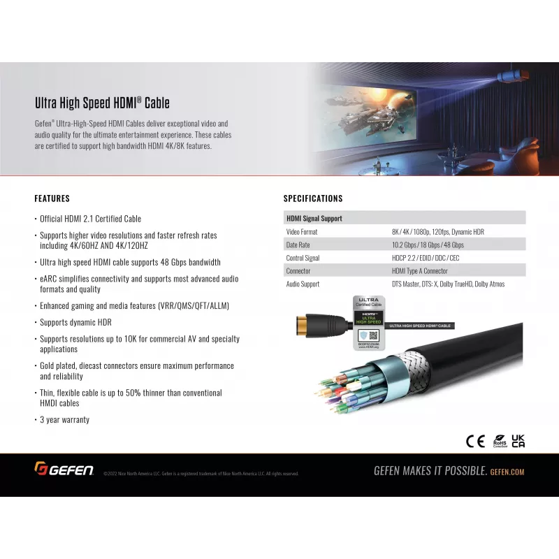 Gefen GEF-CAB-HS-HDMI-2M HDMI 2.1-kabel 2m zwart 48Gbit/s 3D