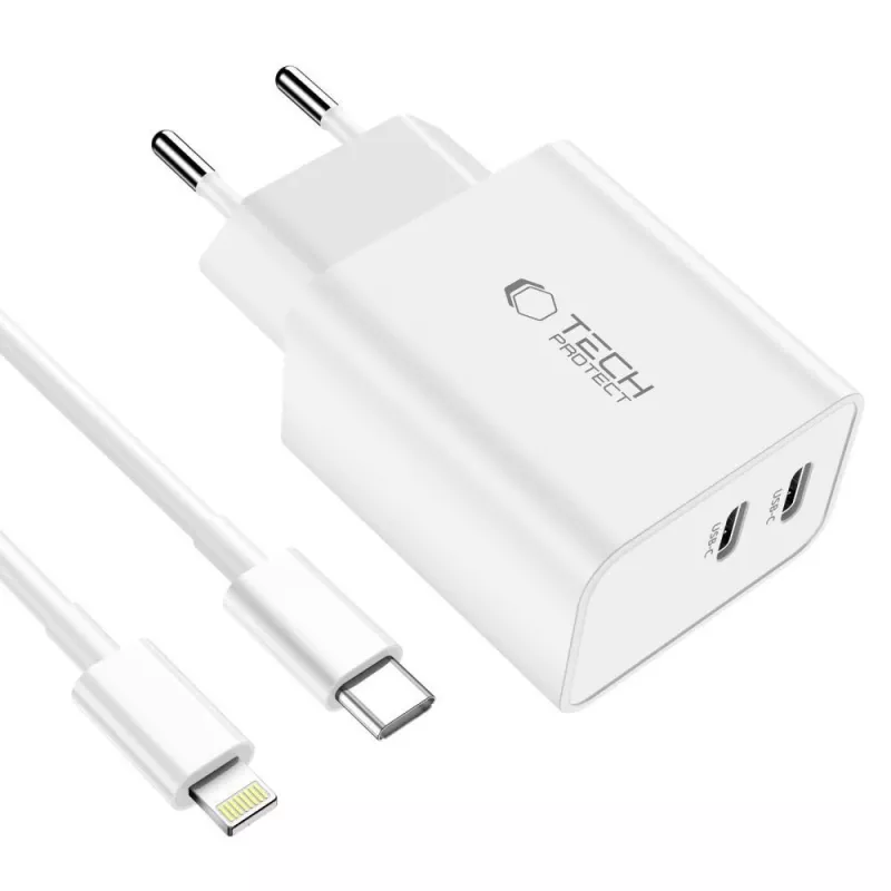 TECH-PROTECT C35W 2-poorts netlader PD 35W + Lightning-kabel wit