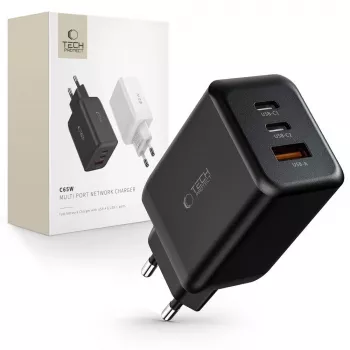 TECH-PROTECT C65W 3-poorts netwerkoplader PD 65W / QC3.0 zwart