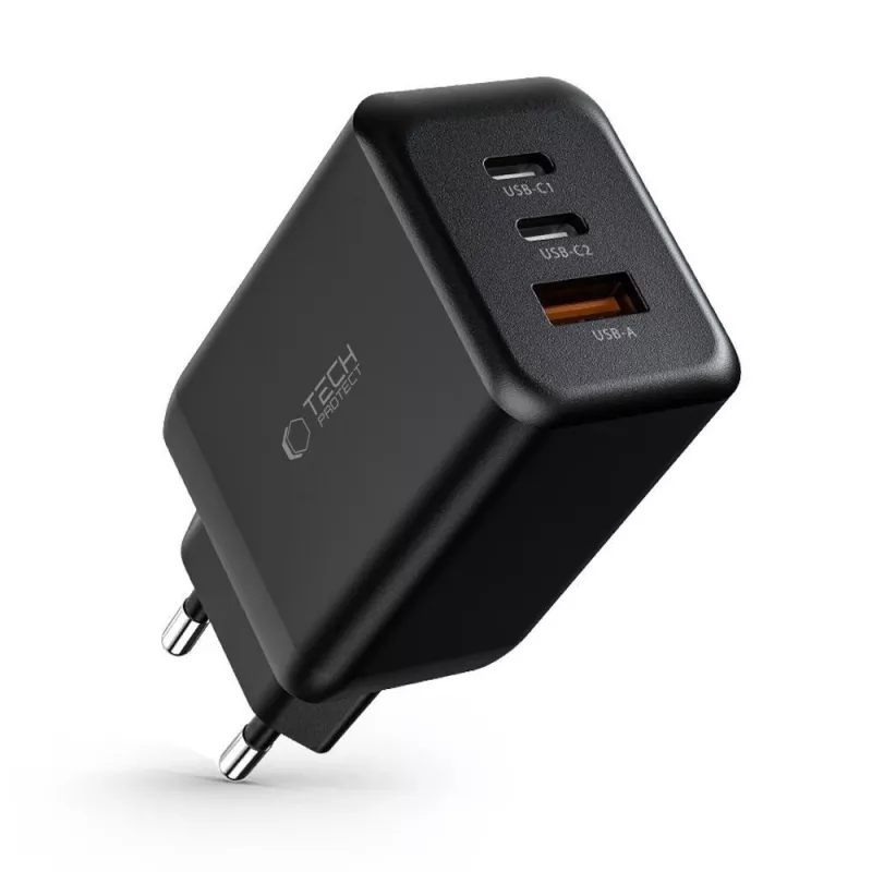 TECH-PROTECT C65W 3-poorts netwerkoplader PD 65W / QC3.0 zwart