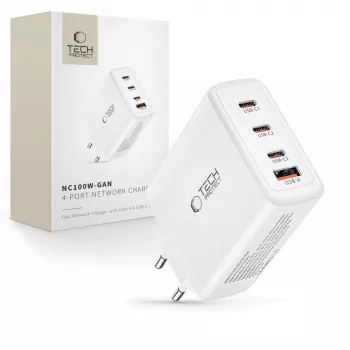 Tech-Protect NC100W-GAN 4-PORT witte GaN wandlader 100W USB-C USB-A