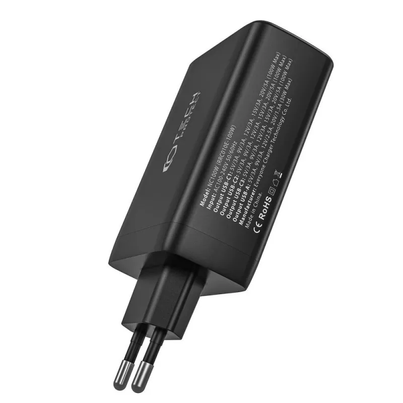 Tech-Protect NC100W-GAN 4-PORT zwarte GaN wandlader 100W USB-C