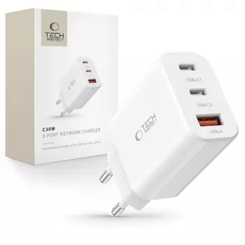 Tech-Protect NC30W 3-poorts USB-C & USB-A wandlader 30W wit