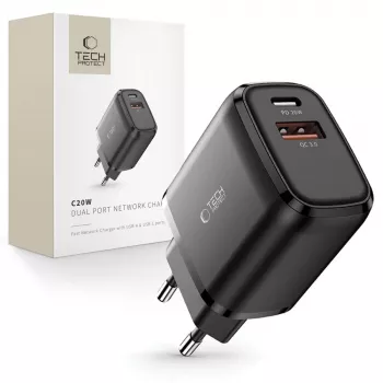 TECH-PROTECT C20W 2-poorts netwerkoplader PD20W/QC3.0 zwart