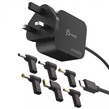 J5CREATE 67W GaN PD USB-C mini-oplader met UK-stekker en 6 DC-aansluitingen