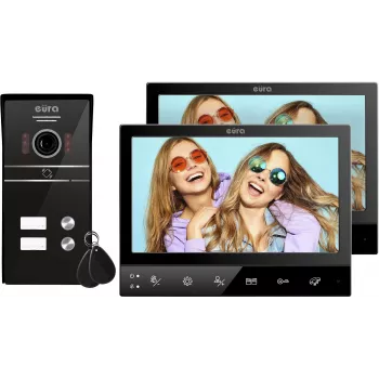 Eura VDP-80C5 tweefamilie-videodeurintercom, zwart, 2x 7 inch LCD, FHD, 2 ingangen, 1080p camera, RFID-lezer, opbouwmontage