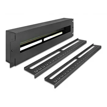 DELOCK 19 inch Verdeelpaneel met afdekking en DIN-rail incl. 2x kabelontlastingsrails 3U Staal Zwart