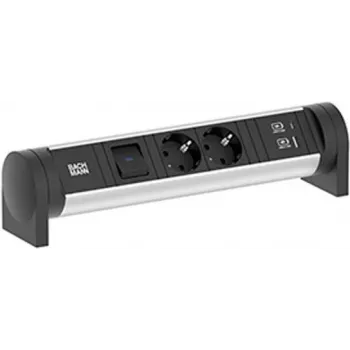 Bachmann 708.001 CYCLE bureau stekkerdoos 2x Schuko CEE7/3 met schakelaar, 2m kabel, aluminium/zwart
