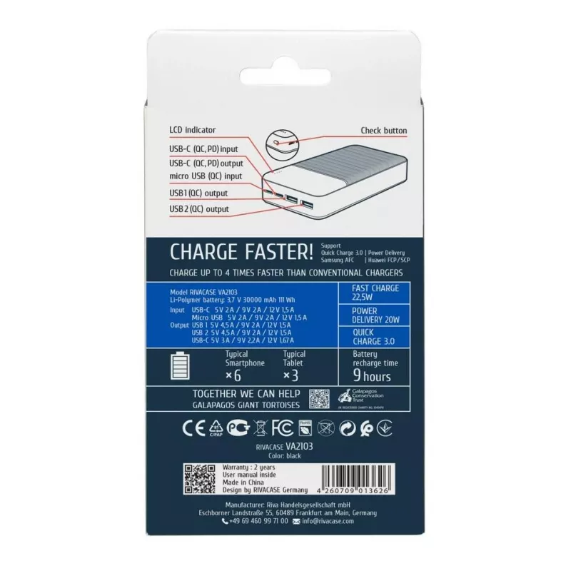 Rivacase VA2103 powerbank 30000 mAh 22.5W zwart
