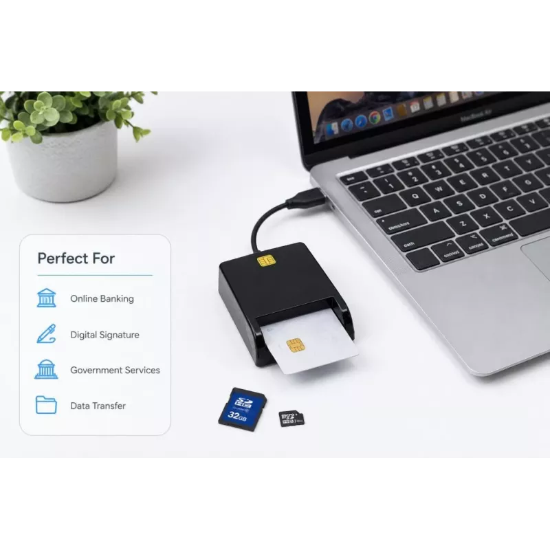iLike 4-in-1 USB Smart Card Reader met SIM-, SD- & Micro-SD-ondersteuning, CAC-lezer voor ID-bewijzen, Bankpassen, eID en Geheugenkaarten, Zwart