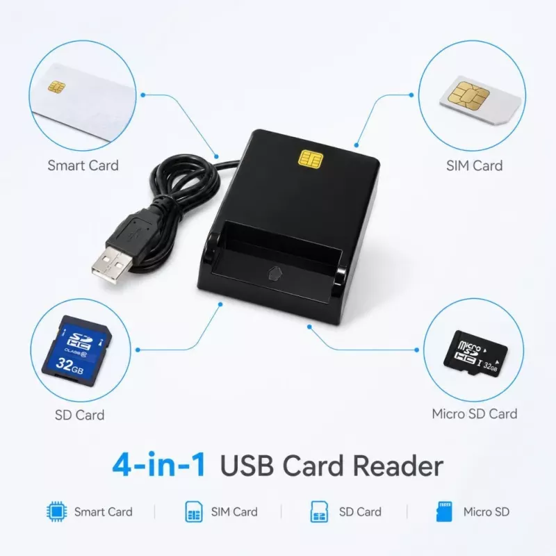 iLike 4-in-1 USB Smart Card Reader met SIM-, SD- & Micro-SD-ondersteuning, CAC-lezer voor ID-bewijzen, Bankpassen, eID en Geheugenkaarten, Zwart
