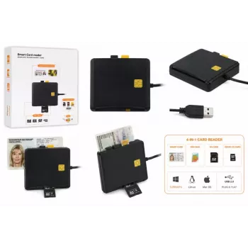 iLike 4-in-1 USB Smart Card Reader met SIM-, SD- & Micro-SD-ondersteuning, CAC-lezer voor ID-bewijzen, Bankpassen, eID en Geheugenkaarten, Zwart