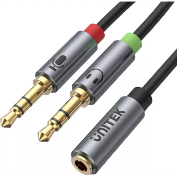 UNITEK Y-C957ABK 3,5mm mini-jack audio splitter kabel, bus naar 2x stekker, 20 cm, zwart