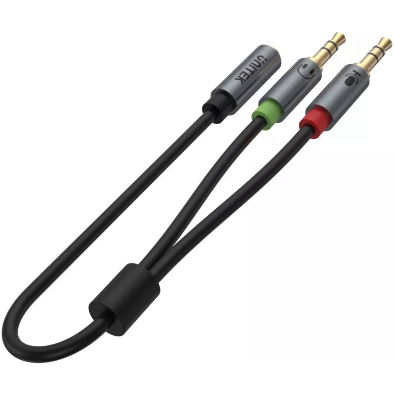 UNITEK Y-C957ABK 3,5mm mini-jack audio splitter kabel, bus naar 2x stekker, 20 cm, zwart
