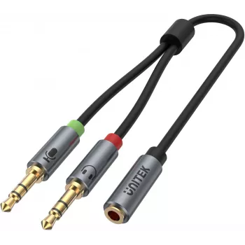 UNITEK Y-C957ABK 3,5mm mini-jack audio splitter kabel, bus naar 2x stekker, 20 cm, zwart