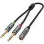UNITEK Y-C957ABK 3,5mm mini-jack audio splitter kabel, bus naar 2x stekker, 20 cm, zwart