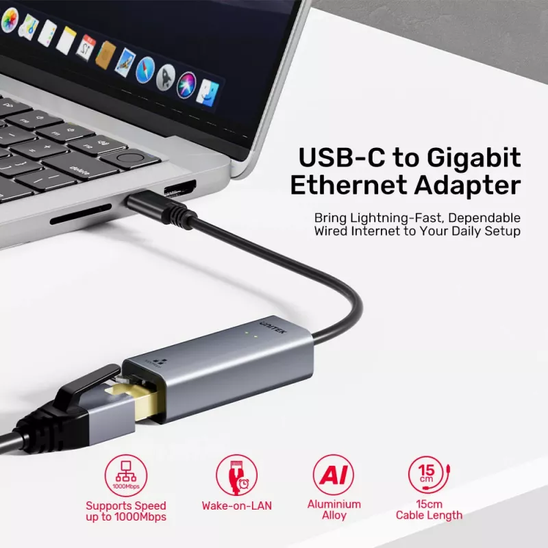 UNITEK USB-C naar Gigabit Ethernet adapter 1Gbps - Space Gray