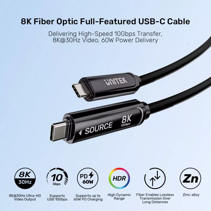 UNITEK USB-C Active Optical-kabel 15m - 10Gbps, PD60W, 8K@30Hz, zwart