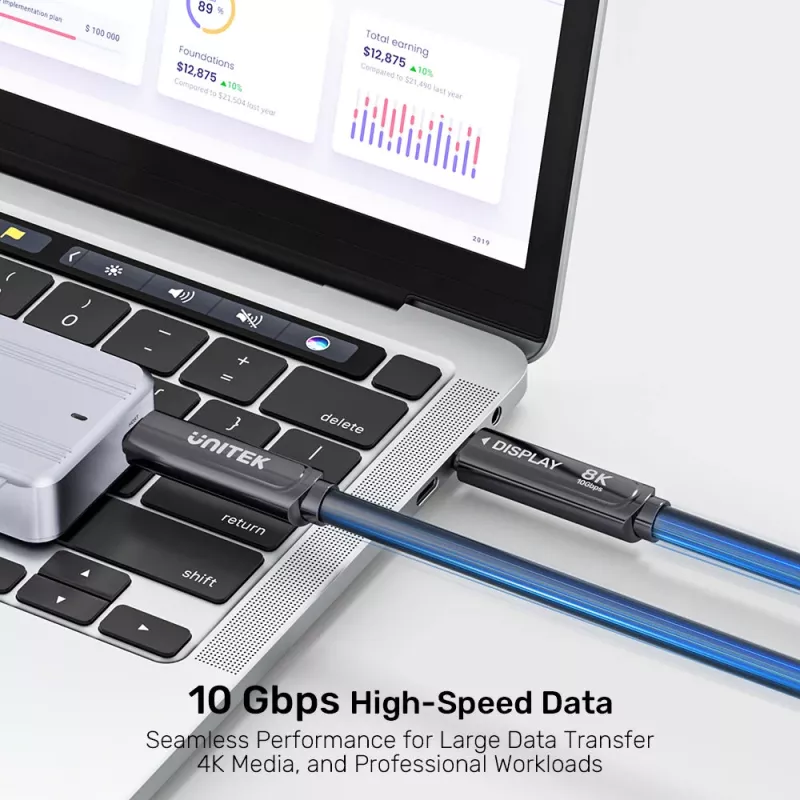 UNITEK USB-C Active Optical-kabel 15m - 10Gbps, PD60W, 8K@30Hz, zwart