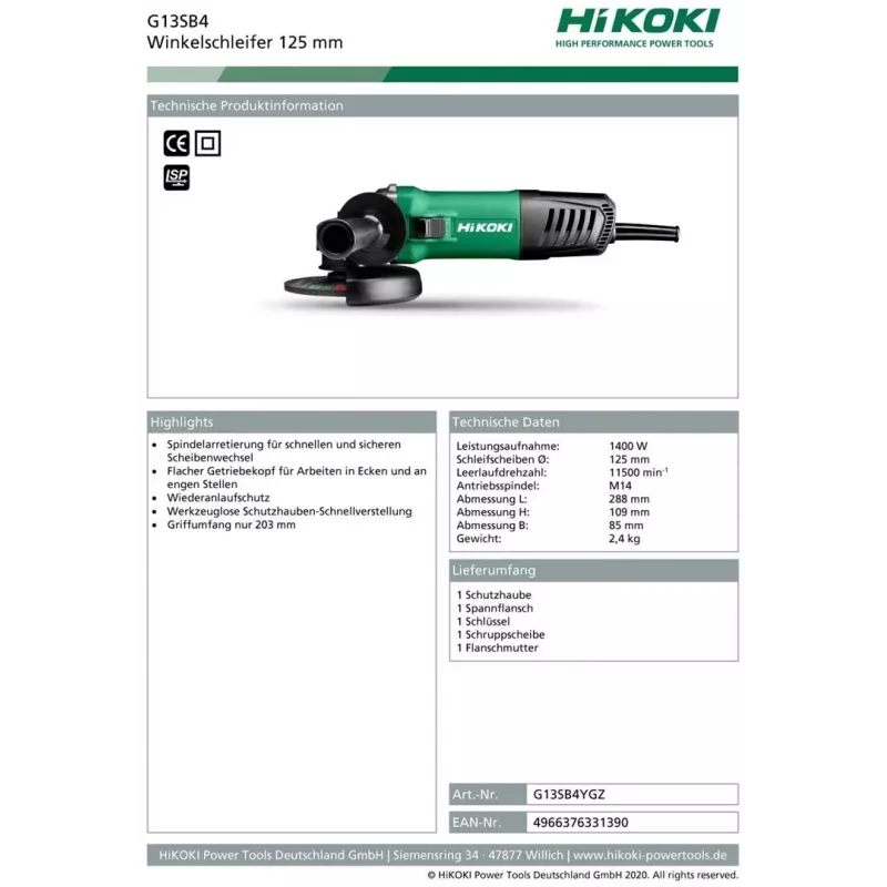 Hikoki G13SB4YGZ haakse slijper 3,1 kg