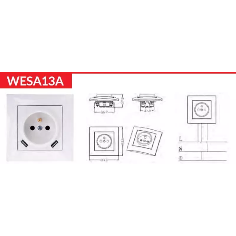 VCX WESA LC 13A enkel stopcontact met USB-oplader wit