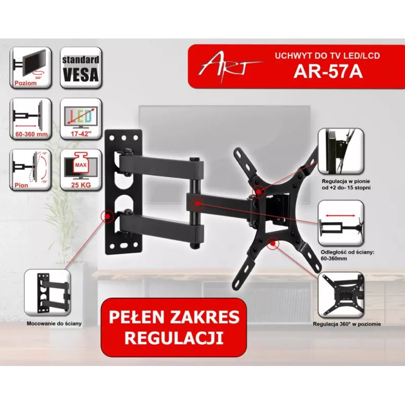ART AR-57A vaste TV-wandbeugel voor LED/LCD 17-42 inch zwart