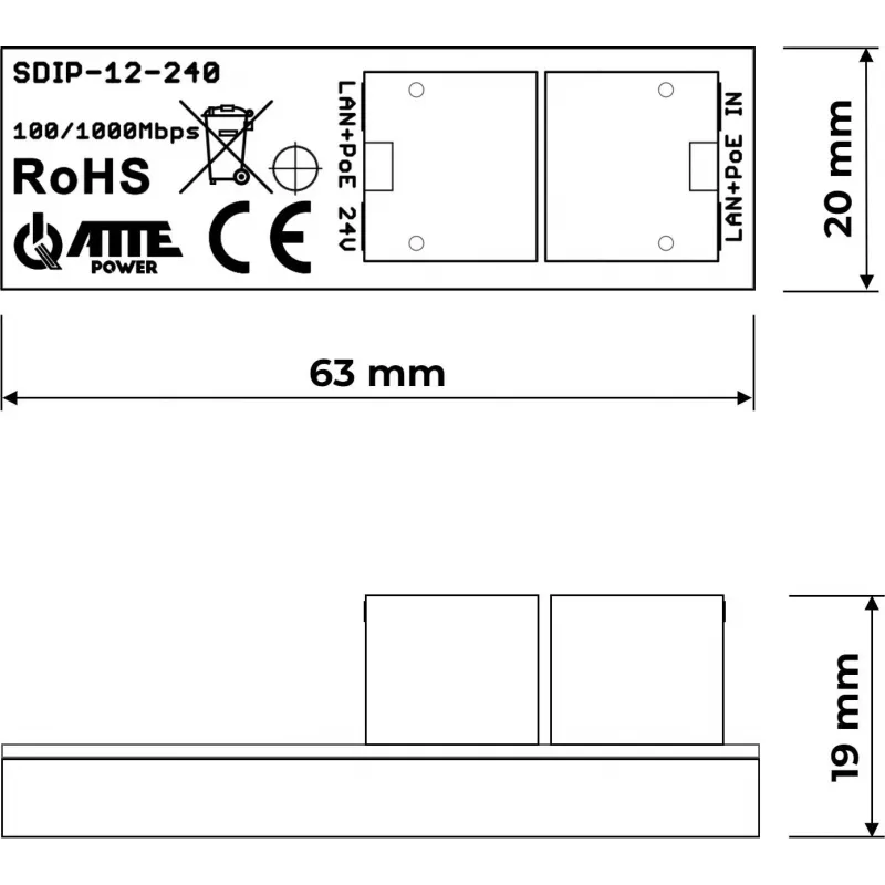 ATTE SDIP-12-240 PoE+ adapter 30W DIN-rail Gigabit