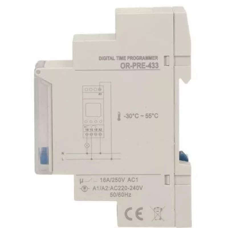 ORNO OR-PRE-433 elektronische weektimer, DIN-rail, 16A/3680W, 16 programma's, 230V