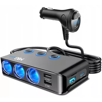 MBG Line HC67C dubbele sigarettenaansteker-stopcontactsplitter met 3 USB-A-aansluitingen, 120 W, zwart