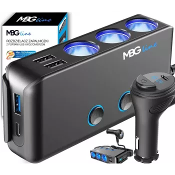 MBG Line HC67C dubbele sigarettenaansteker-stopcontactsplitter met 3 USB-A-aansluitingen, 120 W, zwart