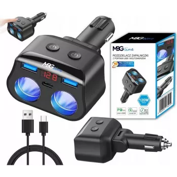 MBG Line HC69PD 3-voudige sigarettenaansteker-splitter met 2x USB-C PD 30W en 2x USB-A QC 3.0, LED-spanningsmeter, 180W