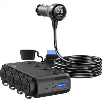 MBG Line HS75AD sigarettenaansteker-splitter met 2 stopcontacten en 3 USB-aansluitingen, 75 cm kabel, zwart
