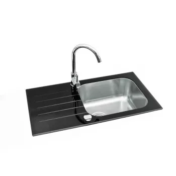 GLAM 20 graniet-composiet gootsteen-set met zwarte mengkraan, enkele bak, omkeerbaar, 580x480 mm