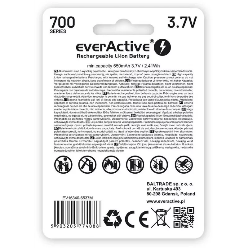 EVERACTIVE 16340 3.7V 700mAh oplaadbare Li-ion-accu met beveiligingscircuit (1 stuk)