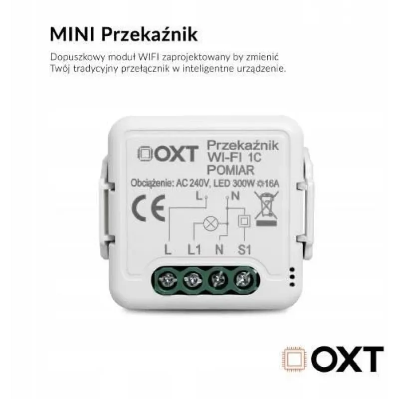 OXT T220P Wi-Fi-relaismodule, 1 circuit, 16 A, energiemeting, Tuya