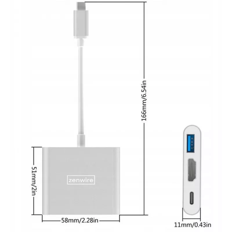 ZENWIRE BYL-2008N 3-in-1 MHL hub USB-C naar HDMI 4K adapter, Space Gray