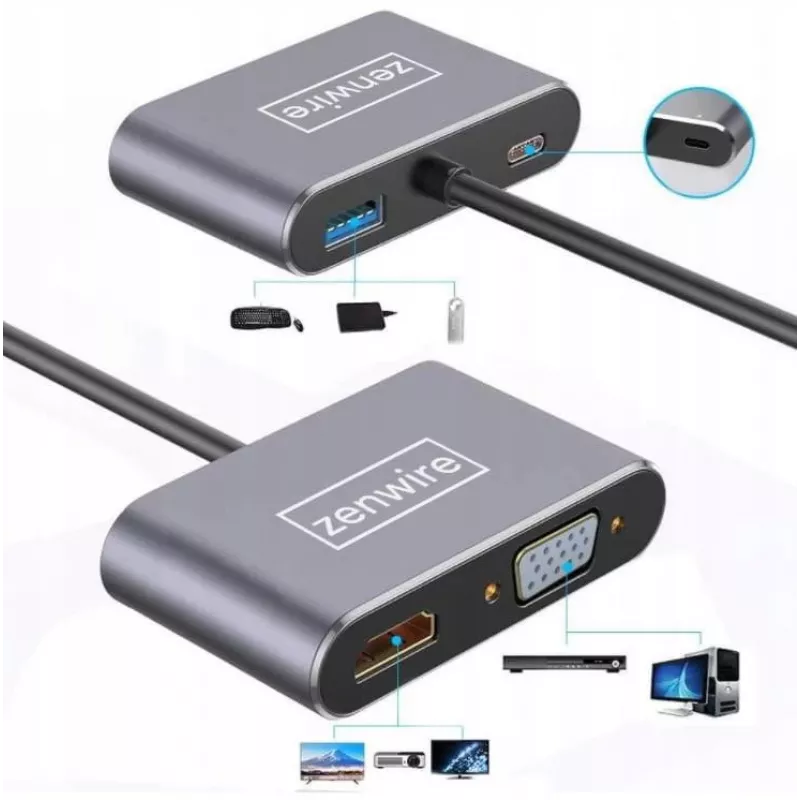 ZENWIRE USB-C-multipoort-adapter hub 4-in-1 HDMI 4K VGA USB-A space gray BYL-2310