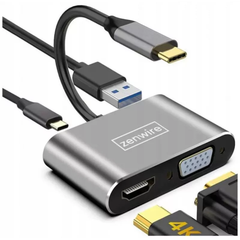 ZENWIRE USB-C-multipoort-adapter hub 4-in-1 HDMI 4K VGA USB-A space gray BYL-2310